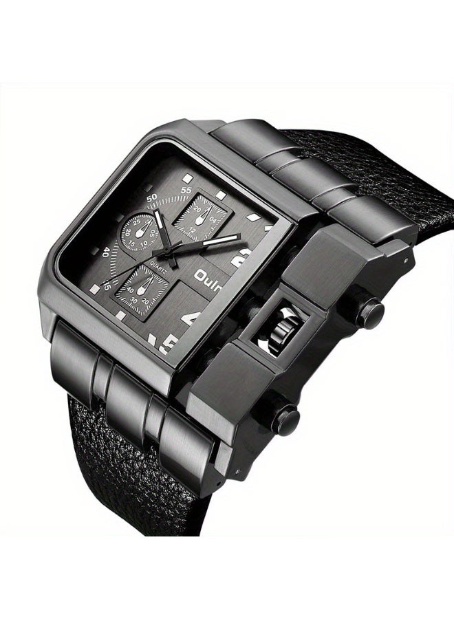 Oulm My souq store:Oulm Men's Large Square Quartz Wrist Watch - Matte Black Case with Premium Leather Strap. - Image 1
